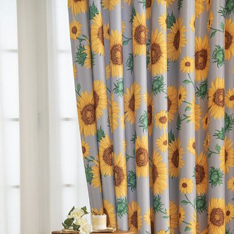 Polycotton Curtain American Sunflower Printed Semi Blackout Curtains 1 Panel Sunflower Curtains, Room Images, American Pastoral, Hand Printed Linen, Curtains For Bedroom, Curtains Width, Bedroom And Living Room, Darkening Curtains, Modern Curtains