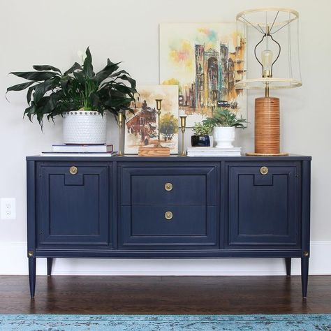 pretty painted blue console. Blue Painted Furniture. Blue Console Table, Mid Century Console, Blue Dresser, Dresser Furniture, Decor Ikea, Coastal Living Rooms, Coastal Bedrooms, Modern Console, Design Seeds