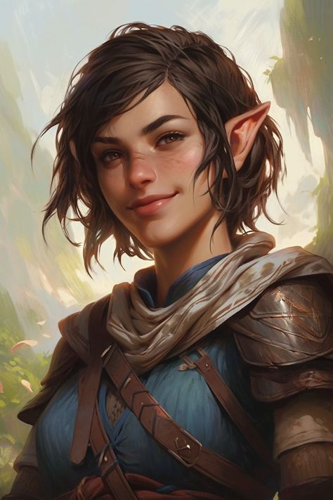 Half Elf Female, Half Elf Dnd, Dnd Halfling, D D Rogue, Baldur's Gate Portraits, Ranger Dnd, Short Hair Blue, Elf Drawings, Elf Ranger