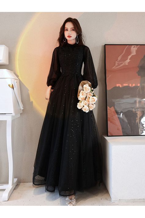 Dress Black With Sleeves, Prom Dress Modest Elegant, Classy Prom Dresses Luulla, Simple Tulle Gown, Black Tulle Dress Long Sleeve, Evening Modest Dresses, Black Bishop Sleeve Dress, Black Tulle Prom Dress With Sleeves, Banquet Dresses Long Modest