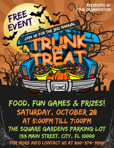 trunk or treat, halloween, trick or treat, halloween church event, halloween event, kids activities, costume, halloween for kids. Trunk Or Treat Flyer, Halloween Trunk Or Treat, The Creeper, Halloween Flyer, Event Flyer Templates, Event Flyers, Trunk Or Treat, Halloween Event, Event Flyer