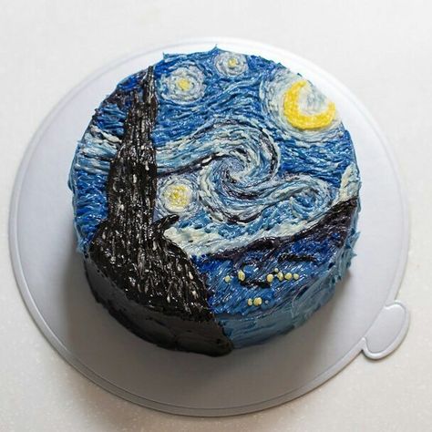 Starry Night Vincent van Gogh inspired Starry Night Cake Van Gogh, Starry Night Cakes, Starry Night Birthday Party, Van Gogh Cake Birthday, Van Gogh Cake, Starry Night Party, Starry Night Cake, Gogh Cake, Creative Cake Ideas