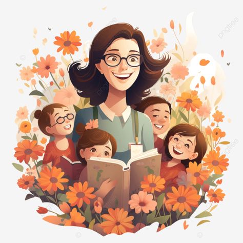 teacher student flower education illustration teacher student teachers day png Teacher With Students Cartoon, How To Draw Teacher, Education Related Drawings, Teacher Art Illustration, Teachers Day Sketch, Teacher Illustration Cute, Teacher Art Drawing, Teacher And Student Illustration, Teachers Day Painting