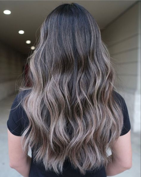 Ash Foils On Dark Hair, Cool Tone Bayalage Brunette, Dark Hair With Definition, Dark Brown Hair With Cold Blonde Highlights, Dark Hair With Cool Tones, Ash Highlights Dark Brown Hair, Bayalage Brunette Medium Hair, Dimension On Dark Hair, Brown Hair Foilyage