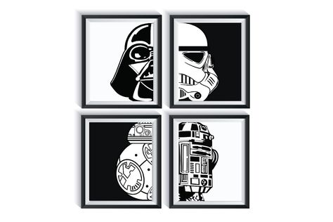 Star Wars Darth Vader Storm Trooper R2D2 BB8 Art Prints UNFRAMED Qty 4 Nursery Bedroom Decor Black and White Nursery, Star Wars Wall Dorm by GraphicallyEverAfter on Etsy Minimalist Star Wars Decor, Darth Vader Bedroom, Star Wars Frame, Diy Star Wars Decor, Star Wars Framed Art, Bb8 Art, Star Wars Bathroom Decor, Bedroom Decor Black And White, Star Wars Nursery Art