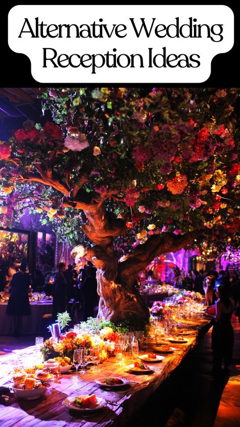 Unique alternative wedding reception ideas for a personalized celebration. Wedding Non Traditional, Alternative Wedding Decor, Alternative Wedding Party, Alternative Wedding Reception, Anti Wedding, Unique Wedding Reception Ideas, Alternative Wedding Ideas, Dollar Dance, Punk Wedding