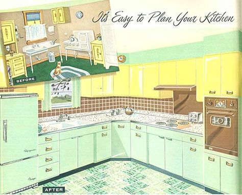 Bathrooms are baby blue/pink and yellow in “mint condition”; with the exception of the yellow bathroom shower floor. Description from retrorenovation.com. I searched for this on bing.com/images 1950s Kitchen, Retro Renovation, Mid Century Kitchen, Yellow Kitchen, Plywood Furniture, Old Kitchen, Vintage Interiors, Electrical Appliances, Trendy Kitchen