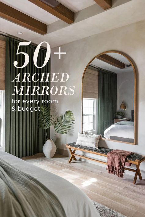 Bedroom With Big Mirror, Large Mirror Bedroom, Arch Mirror Bedroom, Large Mirror Living Room, Arch Mirror Decor, Arched Mirrors, Large Bedroom Mirror, Bed Mirror, Foyer Mirror