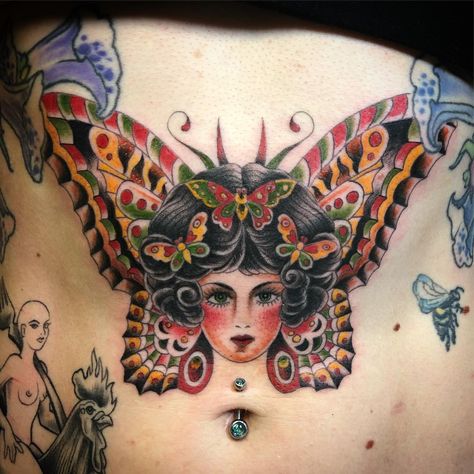 Butterfly Lady Tattoo Traditional, Butterfly Lady Tattoo, Lady Traditional Tattoo, Bert Grimm, Butterfly Lady, Lady Tattoo, Tattoo Traditional, Head Tattoos, Butterfly Tattoo