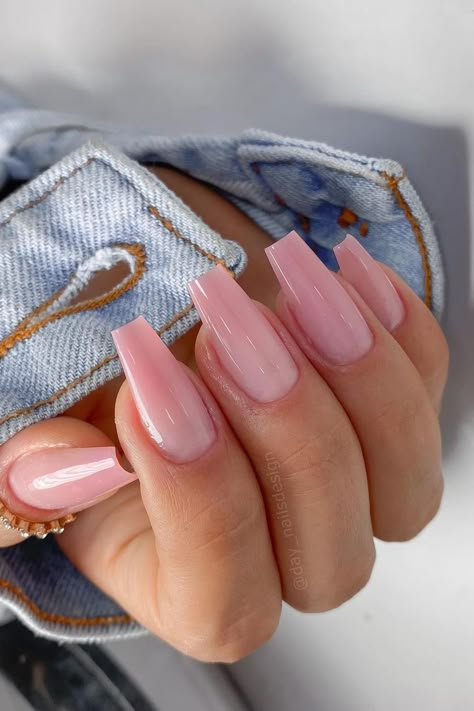 These ballerina nails exude a soft elegance with their sheer, baby pink color and glossy finish. The subtle ombre effect adds a touch of sophistication, making them perfect for any occasion. Simple yet stunning!  // Photo Credit: Instagram @day_nailsdesign Natural Pink Nails Coffin, Ballerina Nails Elegant, Simple Gel Nails Coffin, Simple Acrylic Nails Ballerina, Ombre Light Pink Nails, Baddie Ballerina Nails, Small Ballerina Nails, Chic Nails Classy Pink, Pink Ballerina Nails Long