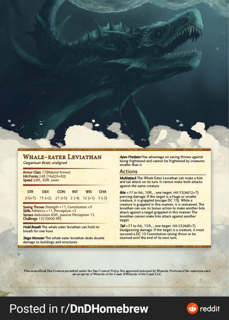 Dnd Underwater Monsters, Whale Leviathan, Ocean Monsters, Dnd Monster, Dungeons And Dragons Rules, Dnd Stats, Dnd Classes, Dungeon Master's Guide, Dungeons And Dragons 5e