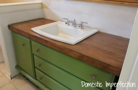 diy farm table vanity | DIY Vanity from Old Dresser from Domestic Imperfection Butcher Block Bathroom, Wooden Bathroom Countertop, Bathroom Vanity Redo, Maple Wood Flooring, Diy Butcher Block, Makeover Kamar Mandi, Wood Floor Bathroom, Wood Countertops Kitchen, Floor Boards