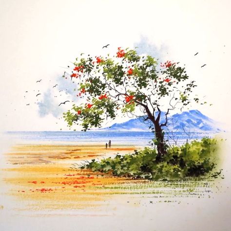 Pastel Scenery Drawing, Sky Oil Pastel, Oil Pastel Scenery, Watercolor Scenery Painting, Pastel Scenery, Drawing Tree, Drawing Beautiful, Pencil Drawing Images, Scenery Drawing