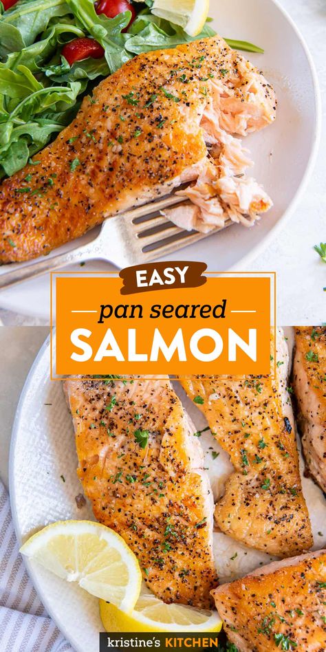 The BEST Pan Seared Salmon! How to pan sear salmon to get a crispy golden brown crust and keep the fish moist inside. This easy recipe is as good as any restaurant, it cooks in just 10 minutes! Easy Salmon Recipes Pan Seared, Salmon In A Skillet, Pan Sear Salmon, Salmon Recipe Pan, Nourishing Recipes, Dinner Favorites, Simple Family Meals, Best Macaroni Salad, Pan Fried Salmon