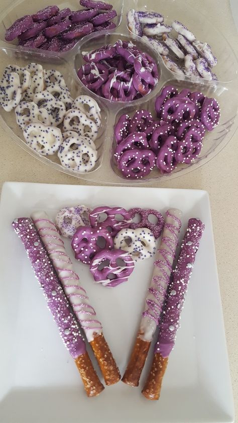 Purple Birthday Dessert Table, Purple Ideas For Color Party, Candy Bar Ideas Purple, Pink And Purple Chocolate Covered Pretzels, Purple Birthday Party Snacks, Purple Party Snack Ideas, Lavender Gold And White Wedding Table Settings, Lavender 16 Birthday Party Ideas, Purple Party Food Tray