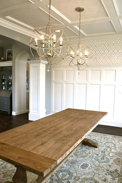 Dining room with a coffered ceiling and large pendant lights Panelling Wallpaper, 1940s Bedroom, Dining Room Transformation, Sala Grande, Dining Room Ceiling, Table Lighting, 아파트 인테리어, Dining Room Inspiration, Coffered Ceiling