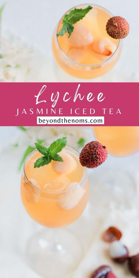 Lychee iced tea is a refreshing drink made with fragrant jasmine tea and sweet lychees. #icedtea #lychee Jasmine Tea Recipe, Lychee Mocktail, Lychee Iced Tea, Lychee Tea, Iced Drinks Recipes, Tea Drink Recipes, Drink Recipes Nonalcoholic, Iced Tea Recipes, Refreshing Drinks Recipes