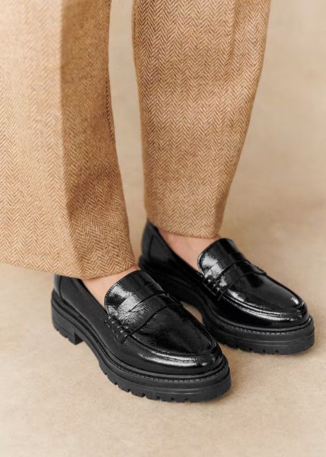 Albane Loafers - Patent Black - Patent cowide leather - Sézane Denim Suit, Fall Inspo, Black Loafers, Sheep Leather, Stylish Shoes, Fast Fashion, Parisian Style, Dream Wardrobe, Smooth Leather