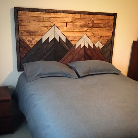 Headboard with Mountains Wood Mountain Headboard, Cabin Headboard Ideas, Mountain Headboard Diy, Mountain Headboard, Headboard Walls, Wooden Handcraft, Backboards For Beds, Wilderness Decor, Surf Artwork