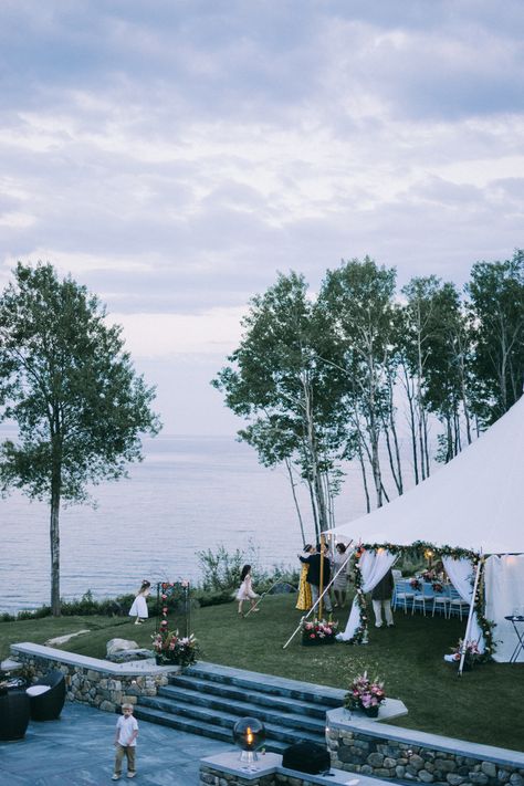 Lake Norman Wedding, Samoset Resort Maine Wedding, Maine Lake Wedding, Boat Reception Wedding, Lake Wedding Aesthetic, Small Coastal Wedding, Maine Coastal Wedding, Lake House Wedding Reception, Fall Coastal Wedding