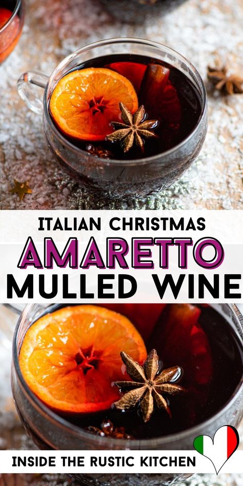 The easiest homemade Mulled Wine made with festive and warming spices, clementines, and a splash of amaretto liqueur. This recipe is so easy to make, ready in 10 minutes and tastes divine. Buon Natale! Hot Wine Recipe Christmas, Amaretto Hot Chocolate Recipe, Simple Mulled Wine Recipe, Hot Alcoholic Drinks, Sweet Mulled Wine Recipe, Homemade Mulled Wine, Mulled White Wine, Homemade Drinks Recipes, Wine Punch