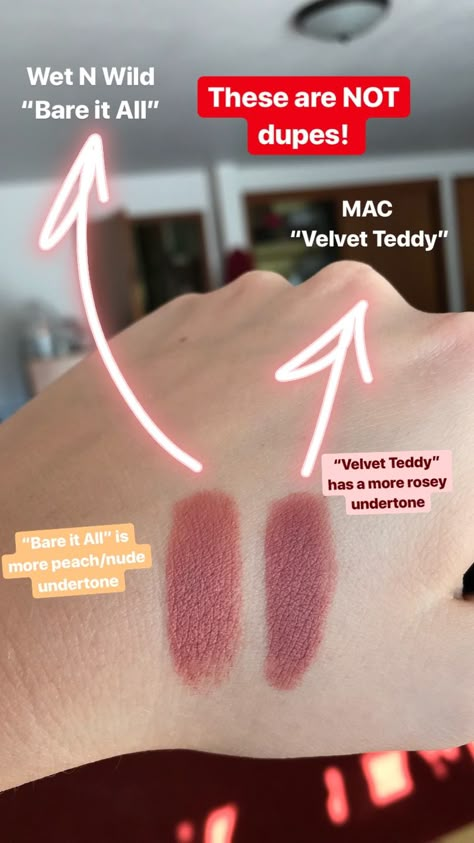 MAC Velvet Teddy and Wet N Wild Bare it All are not dupes! It’s all about the lighting!  #mac #wetnwildbeauty #dupes #lipstick #beautyhacks #makeup Nars Audacious Lipstick Swatches, Mac Velvet Teddy Lipstick, Mac Brave, Nars Audacious Lipstick, Mac Lipstick Swatches, Mac Velvet Teddy, Gloss Eyeshadow, Kylie Jenner Lipstick, Eyeshadow For Blue Eyes