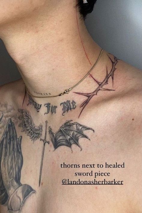 Thorns Around Neck Tattoo, Neck Chest Tattoo Men, Around Neck Tattoo Men, Small Mens Neck Tattoos, Tragic Tattoos, Neck Collar Bone Tattoo, Thorns Collarbone Tattoo, Collarbone Neck Tattoo, Collar Bone Neck Tattoo