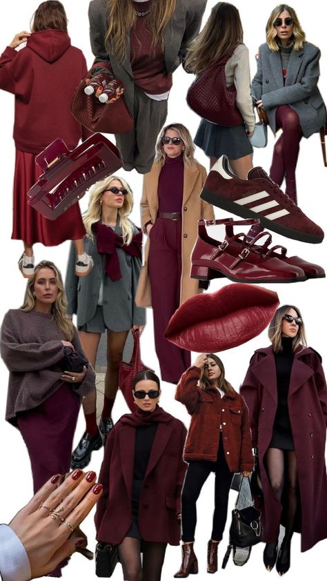 Wine Color Palette Outfit, Burgundy Tennis Shoes Outfit, Colors That Go With Burgundy Clothes, Burgundy Trench Coat Outfit, Maroon And Brown Outfit, Red Autumn Outfits, Burgundy Fashion 2024, Brown And Burgundy Outfit, Burgundy Winter Outfits