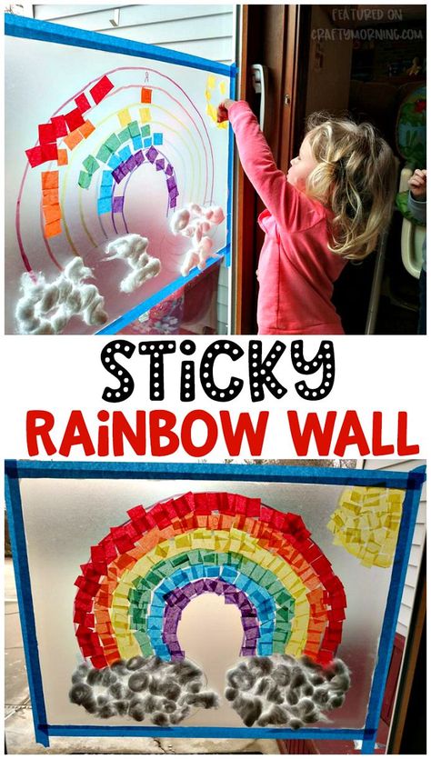 Have the kids decorate a sticky rainbow wall using contact paper! Fun st patricks day or rainy day activities. Contact Paper Crafts, Fun St Patricks Day, Rainy Day Activities For Kids, Crafty Morning, Rainbow Activities, Preschool Art Projects, St Patricks Crafts, St Patricks Day Crafts For Kids, St Patrick Day Activities