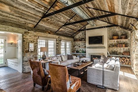 Redding Cottage and Barn by Blansfield Builders Exposed Ductwork, Salons Cottage, Coastal Cottage Living Room, Living Room New York, Cottage Living Rooms, Rustic Stone, Stone Walls, Stone Cottage, Cabin In The Woods