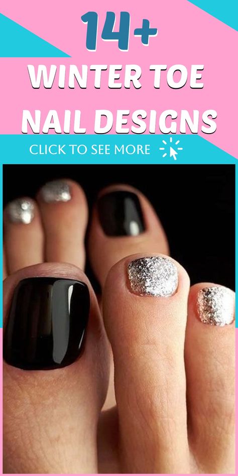 Elevate your winter fashion game with these stunning toe nail designs that will bring a touch of festivity to your style. Whether you're relaxing by the fire or enjoying outdoor activities, these winter-themed designs will ensure your toes are both stylish and snug. Prepare to flaunt your winter pedicure confidently this season! New Year’s Eve Pedicure, Classic Pedicure Ideas, New Year’s Eve Toenails, Silver Pedicure Toenails, Nye Pedicure Ideas, Black Nail Pedicure, Festive Pedicure, Winter Toe Nails Colors, New Year Pedicure