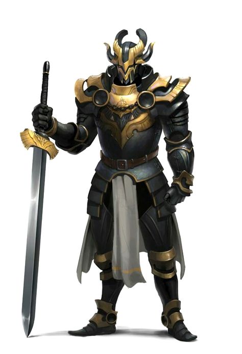 Fighter Knight in Black and Gold Armor - Pathfinder PFRPG DND D&D d20 fantasy Phoenix Knight, Sun Knight, Plate Mail, Mail Armor, Gold Armor, Battle Armor, Knight Armor, Fantasy Armor, Armors