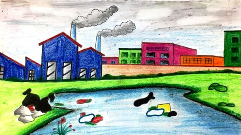 How to draw environment pollution scenery #environmentpollution #drawingtutorial #howtodraw Drawing Of Water Pollution, Water Pollution Drawing Easy, Pollution Drawing, Fish Drawing For Kids, Pollution Pictures, River Drawing, Environment Pollution, Easy Scenery, Easy Scenery Drawing