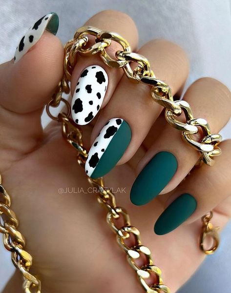 green fall nails, matte green and cow print nails, autumn fall nails 2021 Nails For Nashville Vacation, Blackened Redfish, Country Acrylic Nails, Rodeo Nails, Emoji Nails, Cowboy Nails, Cow Print Nails, Western Nails, Boho Nails