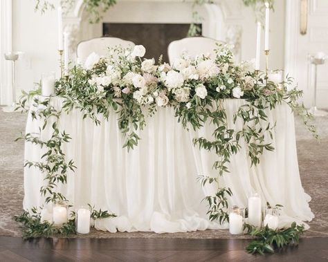 White And Greenery Sweetheart Table, Sweetheart Table Floral Arrangement, Sweetheart Table Greenery, Cornfield Wedding, Table Greenery, Jay Peak, White Flower Wedding, Wedding Recipes, Wedding Sweetheart Table