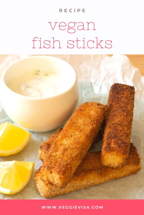 Vegan fish sticks, lemon wedges, and homemade vegan tartare sauce Vegan Fish Sticks, Vegan Tartare, Crunchy Childhood, Recipe For Tartar Sauce, Vegan Seafood, Tartare Sauce, Breaded Tofu, Vegan Finger Foods, Vegan Fish