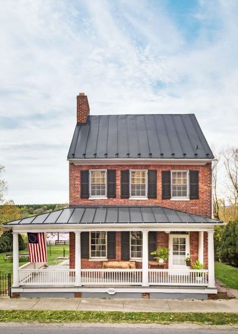 This is What Happens When a Small-Town Farmhouse from the 1800s Gets Restored:  The process revealed the house's 19th-century bones, and Sarah's inner mettle. "I was ready on a deeper level for this kind of challenge," she says. 1800s Farmhouse, Small Farmhouse Plans, Cottage House Exterior, Brick Farmhouse, Farmhouse Makeover, Farmhouse Exterior Design, Black Shutters, Small Cottage Homes, Red Brick House