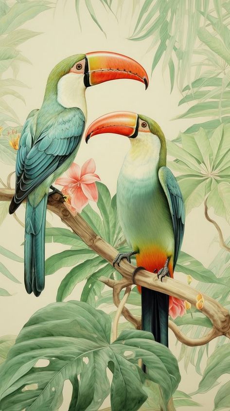 Wallpaper birds tropics animal toucan. | premium image by rawpixel.com / Wan Tucan Illustration, Leaf Mobile, Wallpaper Birds, Parrot Wallpaper, Eid Stickers, Parrots Art, Leaf Drawing, Exotic Bird, Tropical Wallpaper