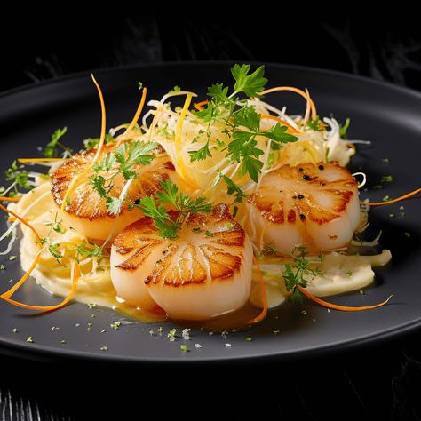 Napa Home Chef | Dive into our Golden Scallops with Citrus Beurre Blanc & Crisp Fennel Slaw recipe! A Napa-inspired culinary delight capturing the essence of wine country. Savor Napa, Bite by Bite. Fancy Seafood Recipes, Cold Scallop Appetizer, Seafood Holiday Dinner Ideas, Best Scallops Recipe Ever, Fancy Foods Aesthetic, Fine Dining Appetizers Ideas, Gourmet Lunch Ideas, Creative Recipes Dinner, Scallop Entree