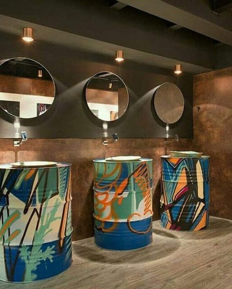 Restaurant Design Inspiration, Outdoor Restaurant Design, Barrel Decor, Restroom Design, Oil Barrel, Barrel Furniture, Bar Design Restaurant, Outdoor Restaurant, Cafe Interior Design