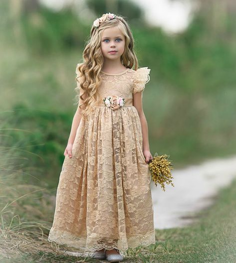 Country Flower Girl, Lace Baby Dress, Country Flower Girls, Gold Flower Girl, Baby Lace Dress, Lace Flower Girl Dress, Long Flower Girl Dresses, Girls Ball Gown, Pleasant Grove