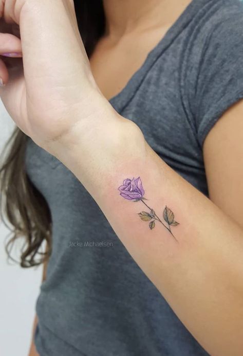 Single Rose Tattoo, Purple Rose Tattoo, Rose Tattoo Placement, Purple Flower Tattoos, Purple Rose Tattoos, Single Rose Tattoos, Yellow Rose Tattoos, Rose Tattoo Forearm, Realistic Rose Tattoo