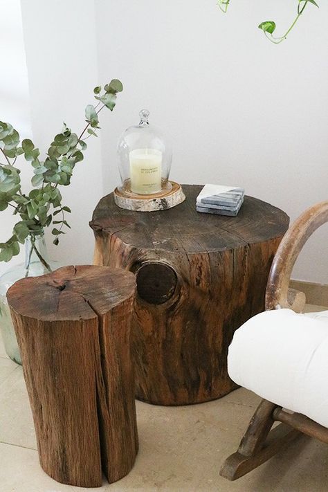 Reclaimed wood tree trunk/stump side/coffee tables Wood Trunk Table, Stump Bedside Table, Tree Stump Aesthetic, Wood Log Table, Tree Stump Bedside Table, Log Bedside Table, Tree Trunk Bedside Table, Wood Stump Side Table Living Room, Trunk Coffee Tables