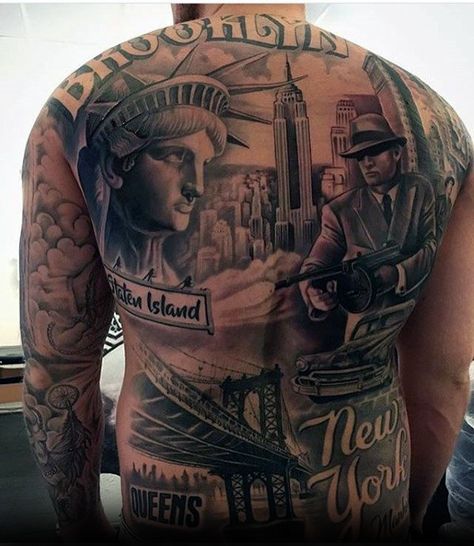 Brooklyn New York Themed Mens Badass Back Tattoos Badass Back Tattoos, New York City Tattoo, Brooklyn Tattoo, Cool Back Tattoos, Piece Tattoo, Gangs Of New York, New York Tattoo, Nyc Tattoo, Gangsta Tattoos