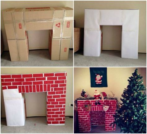 Christmas Cubicle Decorations, Diy Christmas Fireplace, Cardboard Fireplace, Carton Diy, Diy Christmas Lights, Cheap Christmas Diy, Christmas Fireplace Decor, Christmas Hacks, Cheap Christmas