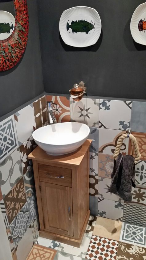 Corner sink unit - Cool downstairs toilet Bathroom Corner Sink Ideas, Corner Sink Cabinet, Small Sink Ideas, Corner Wash Basin Ideas, Powder Room Ideas Corner Sink, Small Corner Wash Basin Ideas, Small Sinks For Small Bathrooms, Small Corner Sink, Small Powder Room Corner Sink