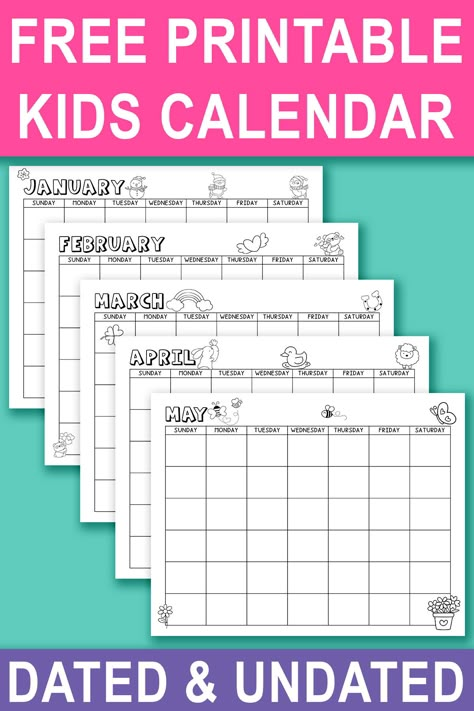 Get this free printable calendar for kids. It comes with dated and undated months and includes a blank version and a version with clip art. The clip art is coloring book style so that children can color in the calendar themselves. Perfect to use in schools or at home or to create a planner for kids. #freeprintablesforkids #plannerprintables Daycare Calendar Ideas Free Printables, Home School Calendar Free Printables, Free Printable Blank Monthly Calendars, Kids Monthly Calendar, Free Printable Preschool Calendar, Snack Calendar Template Free Printables, Homework Template Free Printable, Homeschool Calendar Printables, 2023 2024 School Calendar Printable Free