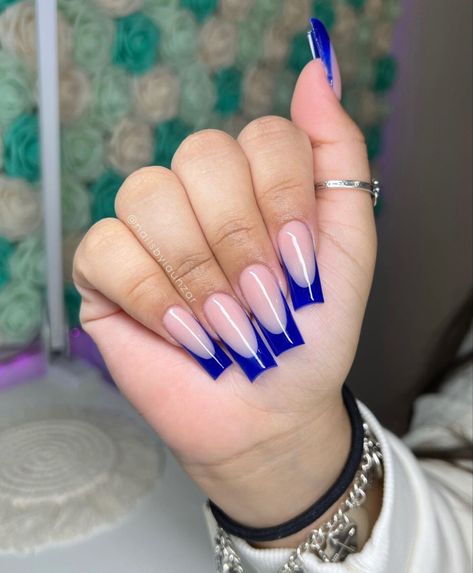 Royal Blue Acrylic French Tip Nails, Nail Inspo Acrylic Blue, Square Nails Ideas Blue, Royal Blue French Tip Acrylic Nails, Blue Square Tip Nails, Nails Inspo Royal Blue, French Tip Nails Royal Blue, Acrylic Nail Designs For Winter, Nail Ideas Blue French Tips