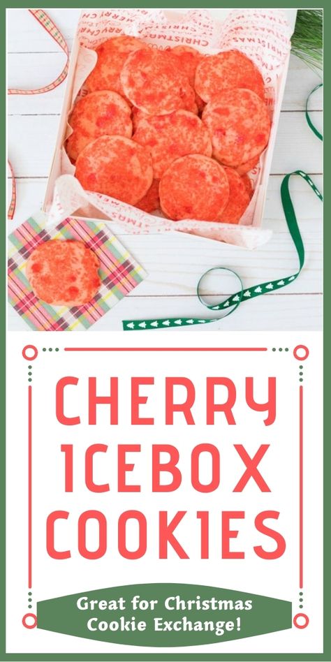 This delicious Cherry Icebox cookie recipe is a must-try! These easy cookies are perfect for a Christmas cookie exchange or any time of the year. The maraschino cherries give the cookies their bright red color. These are adapted from the famous cherry icebox cookies made at the Collin Street Bakery in Waco, Texas! Click to get the downloadable recipe. Ice Box Cookies, Icebox Cookie Recipe, Christmas Dinner Desserts, Refrigerator Cookies, Icebox Desserts, Box Cookies, Icebox Cookies, Cookie Dough Truffles, Cherry Cookies