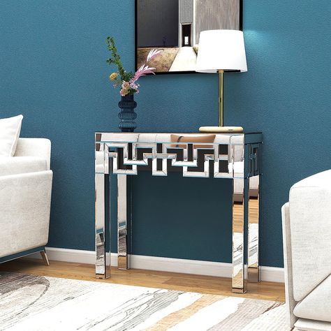 blingworld Silver Console Table with Mirrored Finished, Modern Glass Entryway Table Geometric Design, 32 inches Wide Decorative Small Console Table for Small Space Glass Entryway Table, Silver Console Table, Small Console Table, Mirrored Coffee Tables, Mirrored Console Table, Glass Mirrors, Glass Console Table, Glass End Tables, Table For Small Space